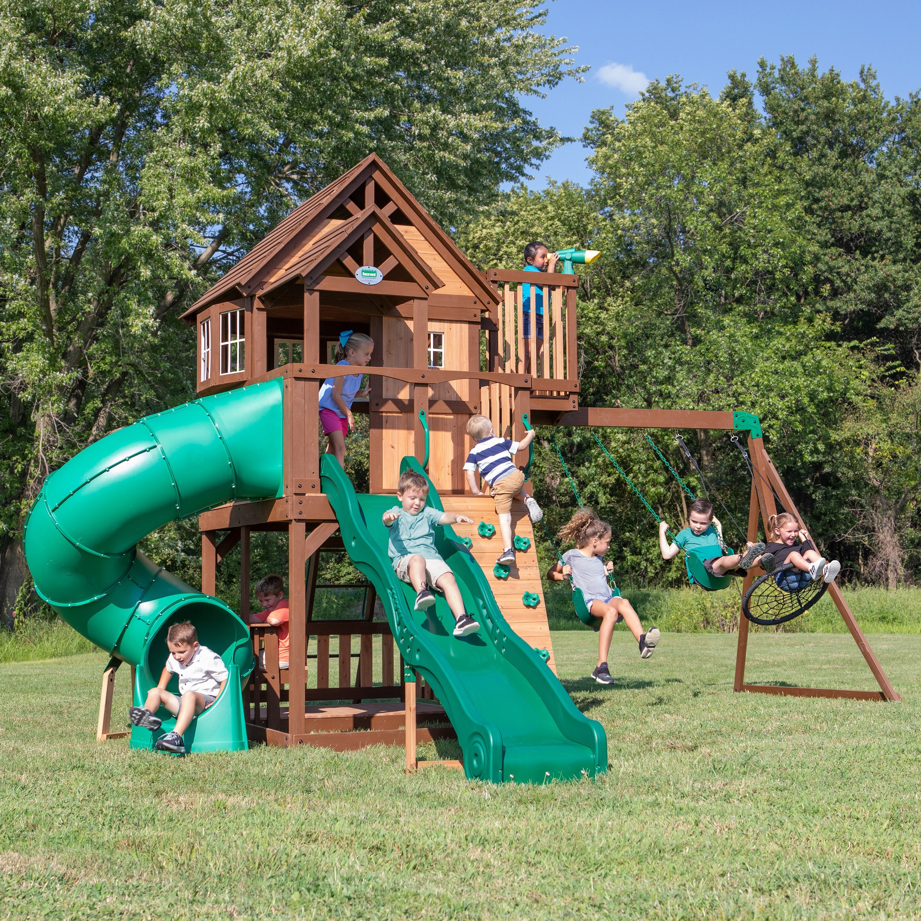 Skyfort With Tube Slide Wooden Swing Set